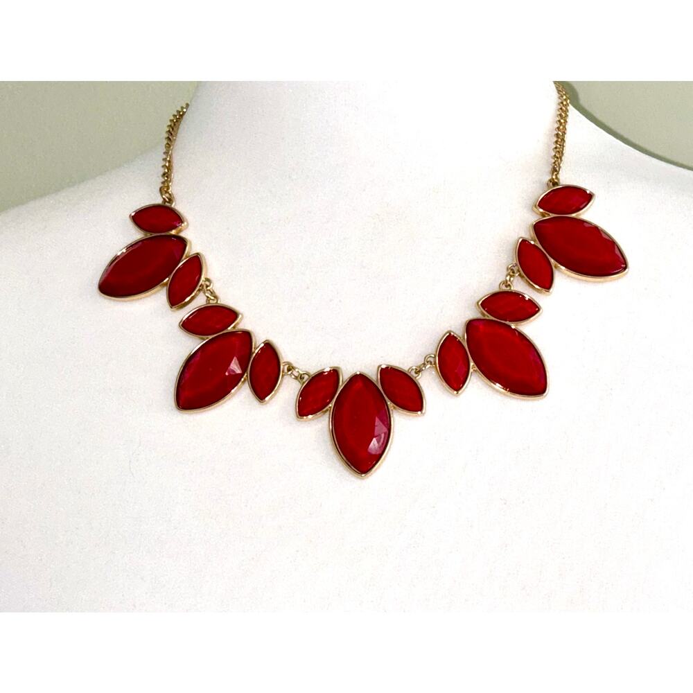 Charming Charlie Gold Tone Red Cushion Cut Stone Statement Necklace